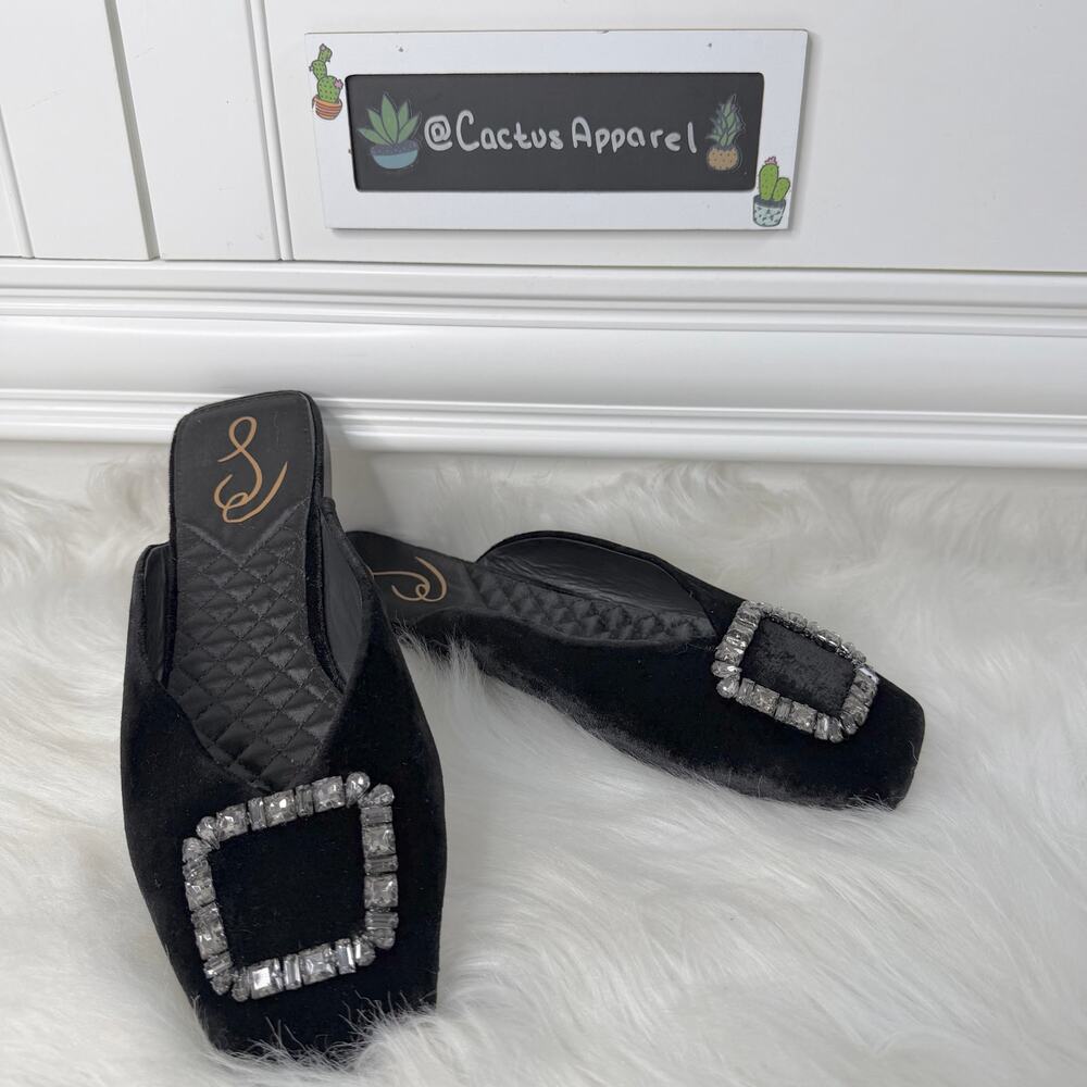 Sam Edelman Lavina Black Velvet Crystal Buckle Mule Flats Size 7
